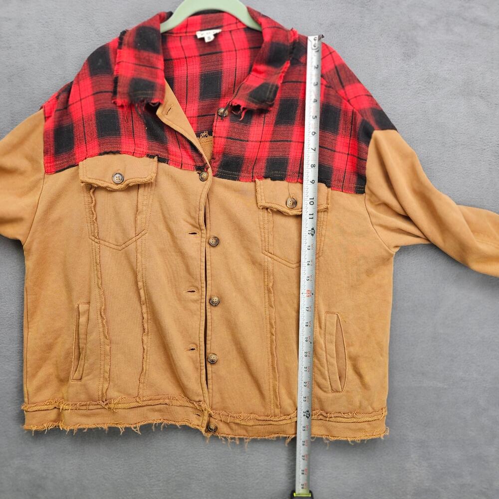 POL Red Buffalo Plaid Distressed Coffee Fall Jacket Lumberjack Size Small
